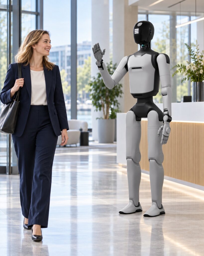 AGIBOT A3 Ultra ontvangt een bezoeker in een moderne lobby