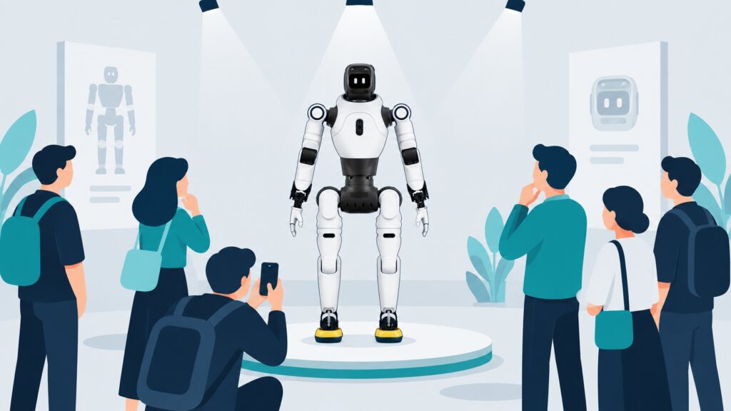 Illustratie: publiek bekijkt een AGIBOT X2 op een podium