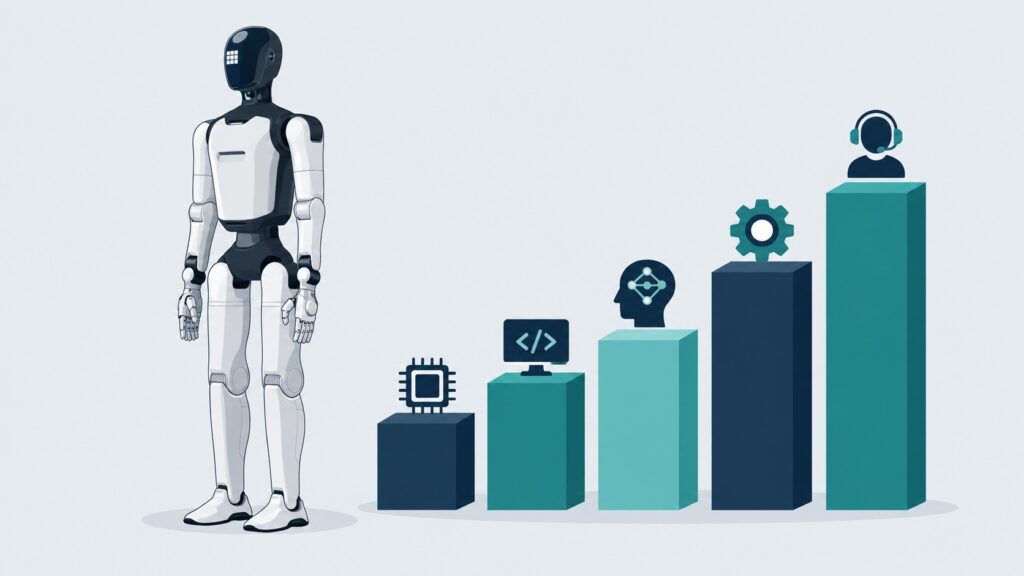 Illustration: die Kosten eines humanoiden Roboters, aufgebaut aus Hardware, Software, KI, Integration und Service