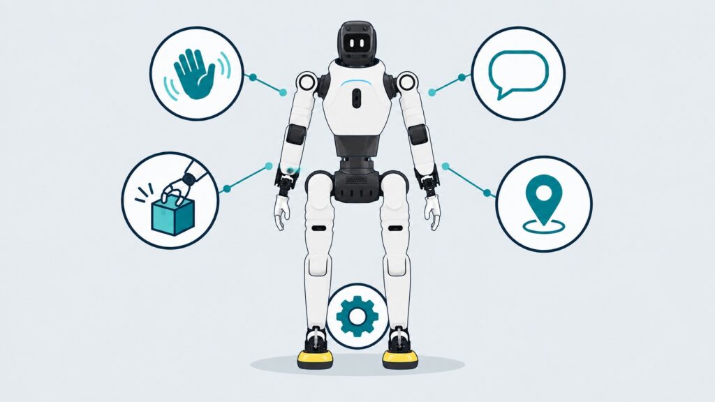 Illustratie: wat een humanoid robot kan, zoals zwaaien, praten, pakken en navigeren