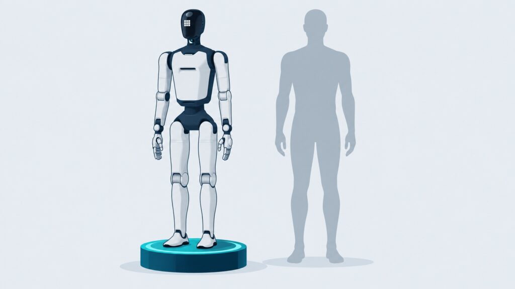 Illustratie: AGIBOT A3 Ultra naast een mens op ware grootte