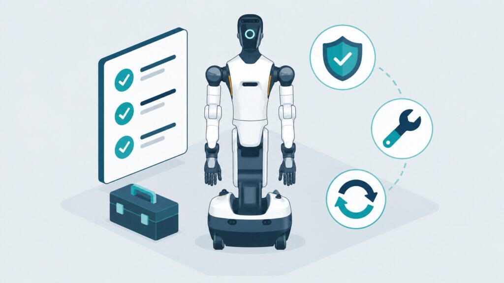 Illustratie: AGIBOT Genie G2 met checklist, veiligheid, onderhoud en updates
